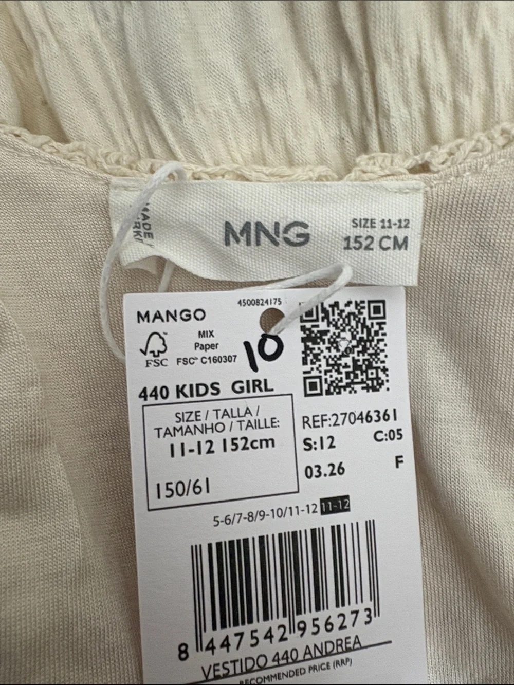 Mango girl Cream Crochet Scoop-Neck Kids Dress EMBROIDERED TEXTURED DRESS 6361